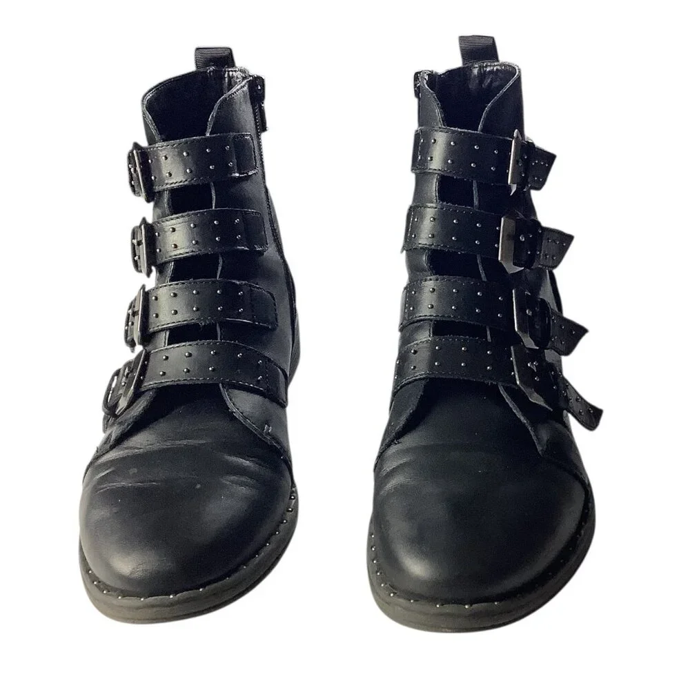 Steve Madden Women's Pursue Boots Black Leather Studded‎ Buckle Straps Ankle 8M
